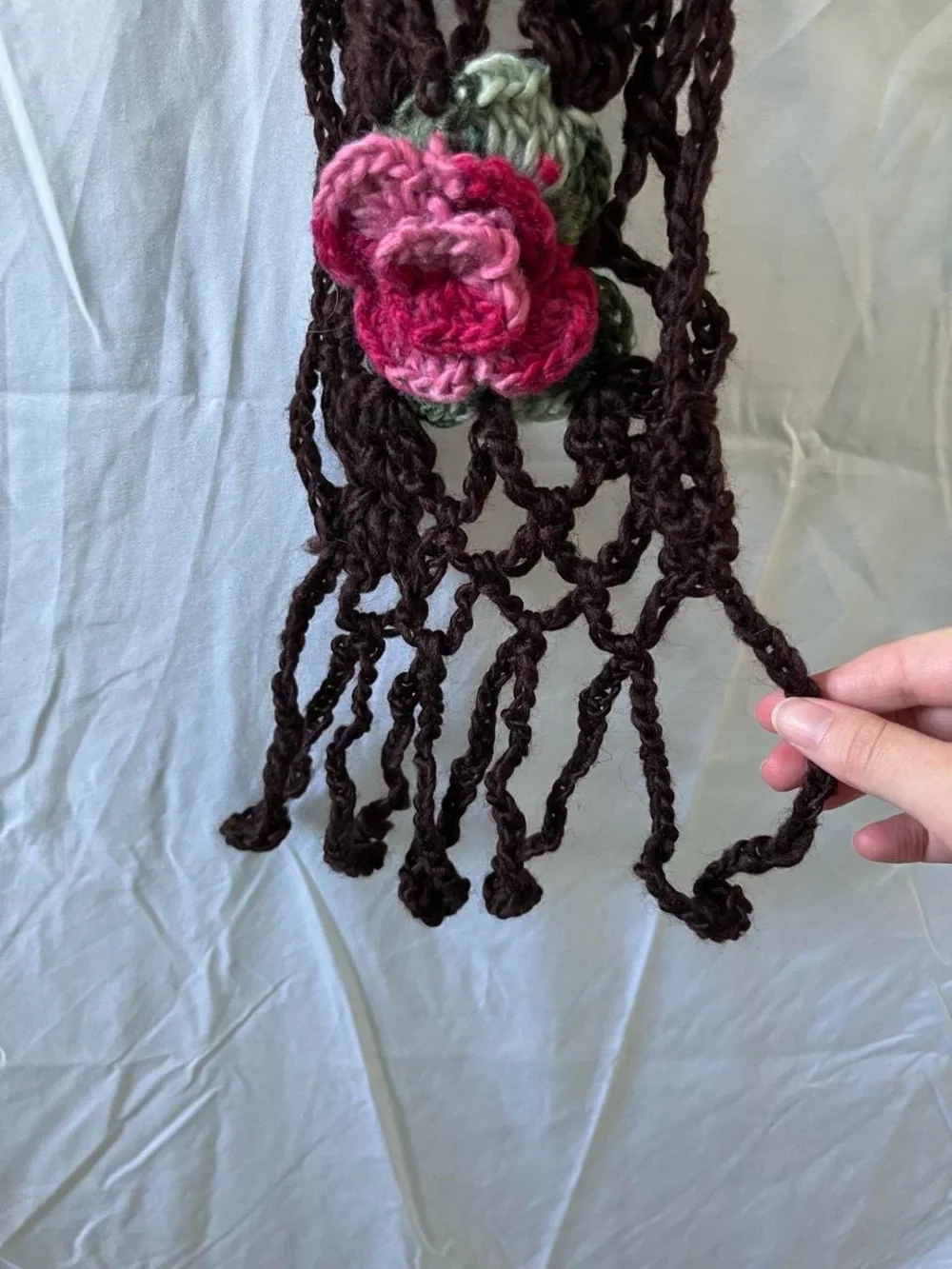 Handmade Vintage Whimsical Brown Knitted Floral Neck Scarf With Fringe